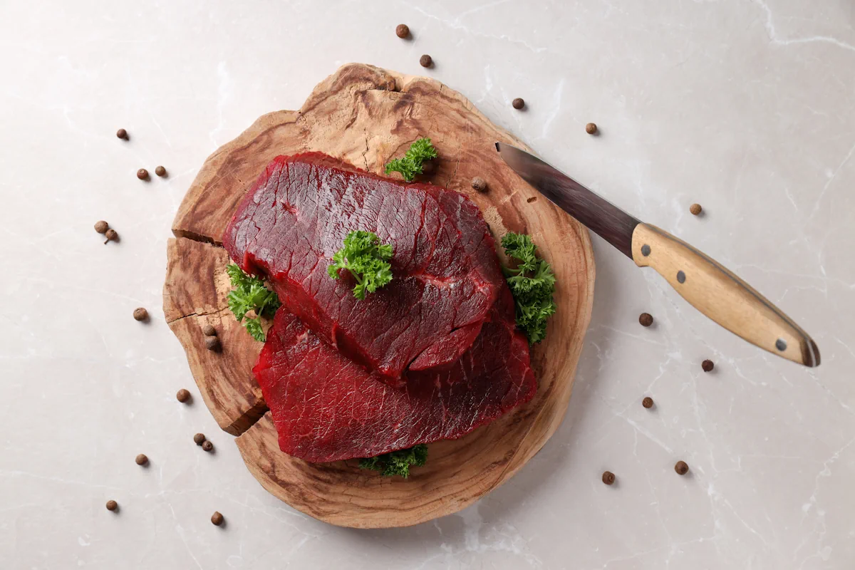 Morceau de paleron persillé pour boeuf bourguignon avec infiltrations de gras visibles