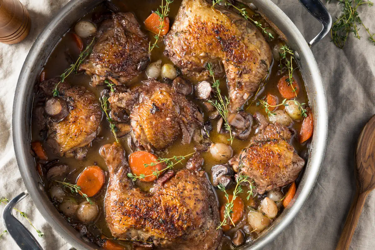 Des morceaux de poulets avec des légumes mijotés dans une marmite