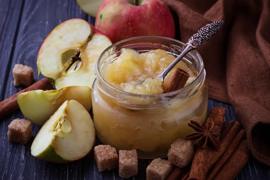 un bocal de compote de pommes posé à côté de quelques pommes et des sucres en cube