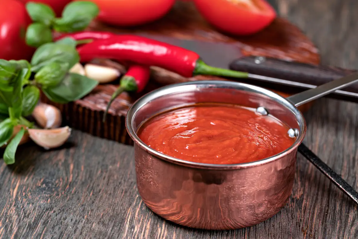 Un bol de sauce rouge à côté de piments