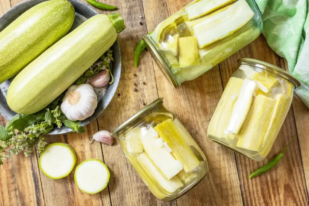 Des courgettes coupés dans des bocaux à côté d'une assiette de courgette