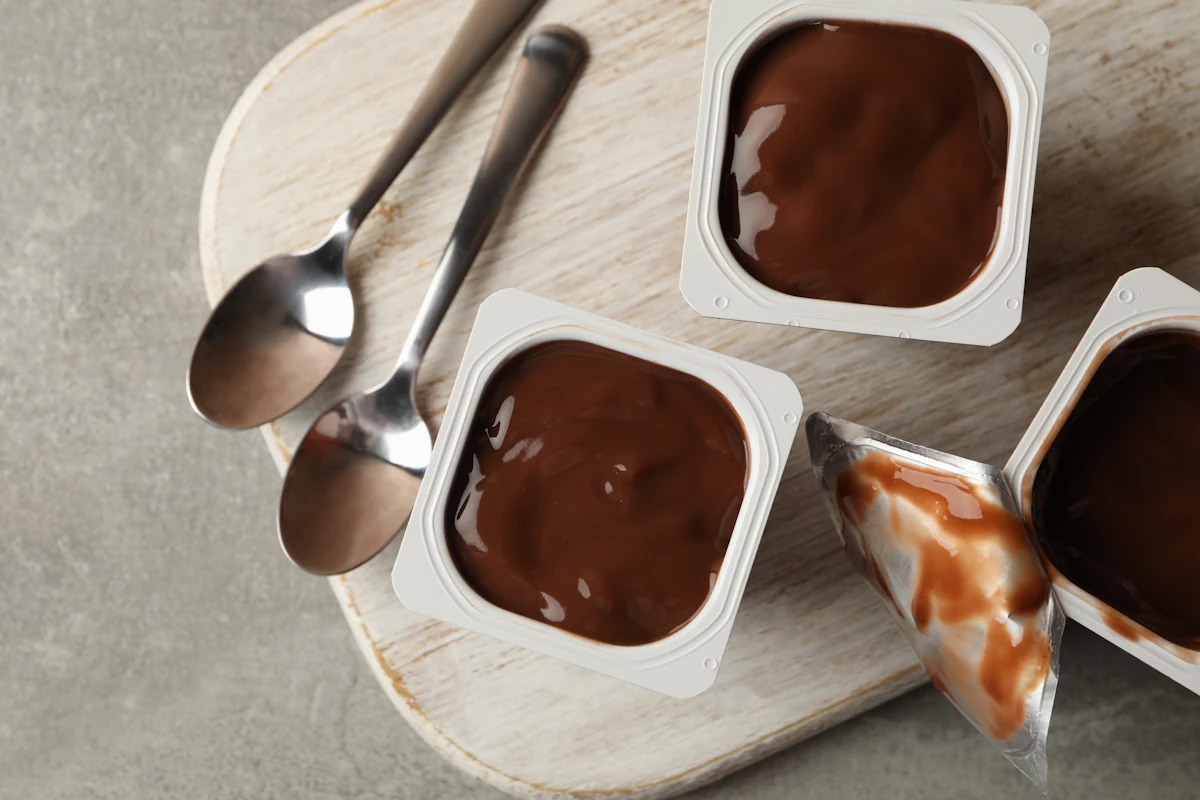 Mousse au chocolat dans des boites avec des cuillières