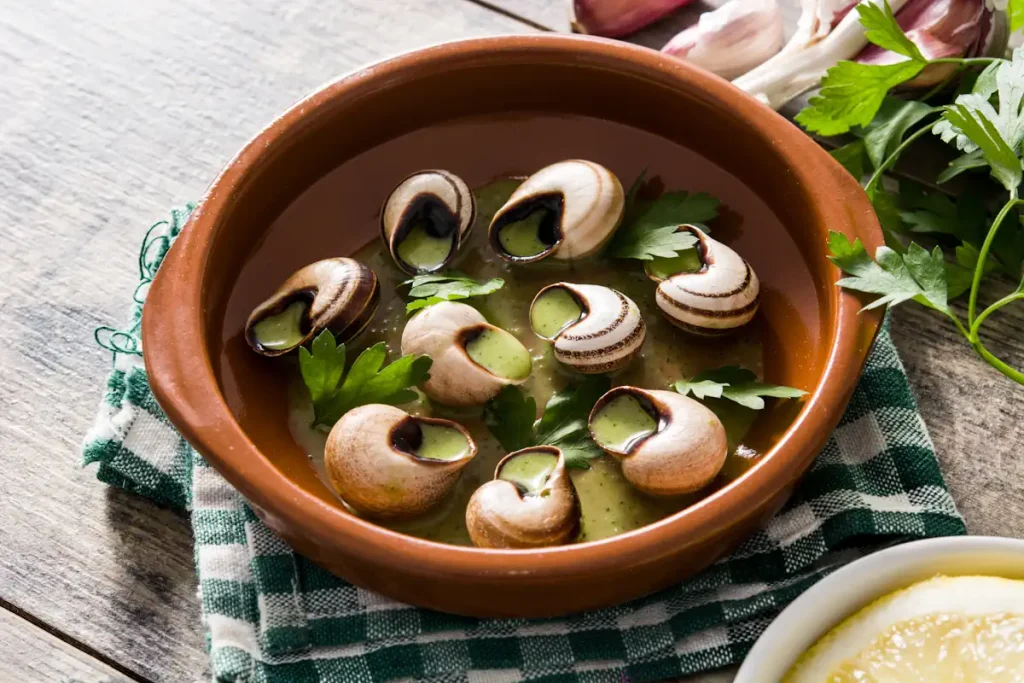 Une assiette de bouillon avec des escargots