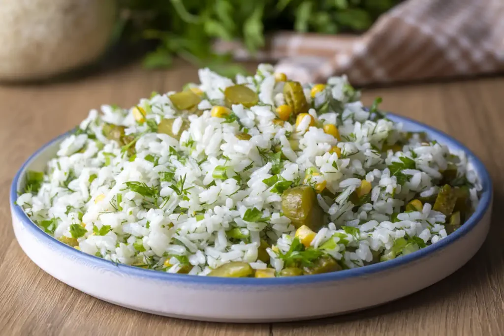 Une assiette avec de la salade de riz