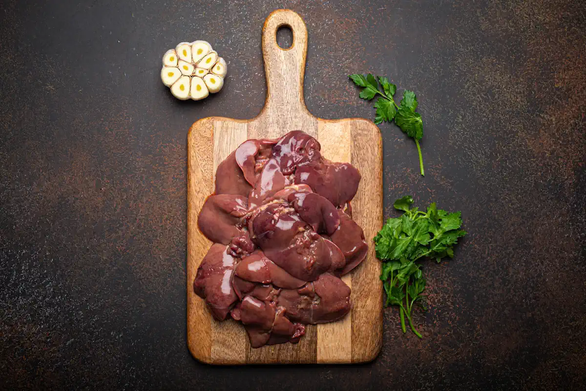 Une planche en bois qui met en avant de la foie d'agneau