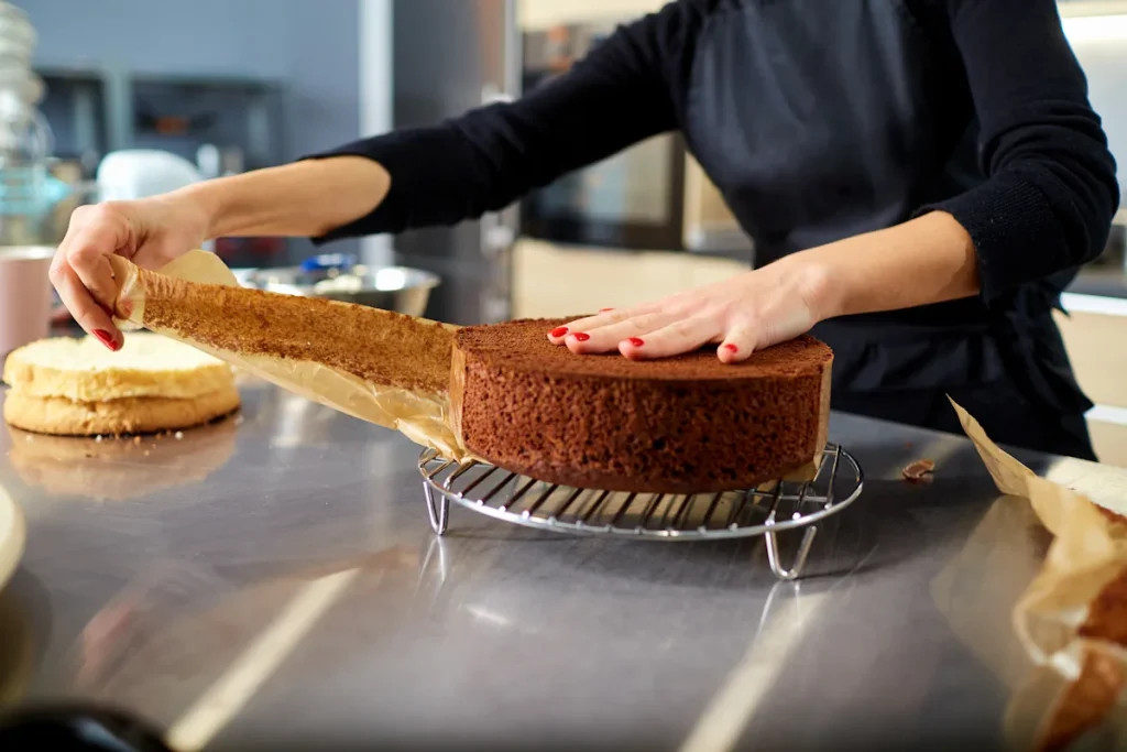 Une personne en tenue noir qui prépare un gâteau dans une cuisine