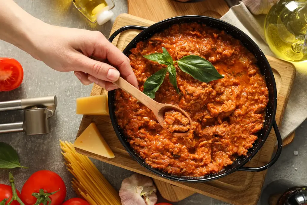 Une personne qui prépare un plat avec un pesto rouge