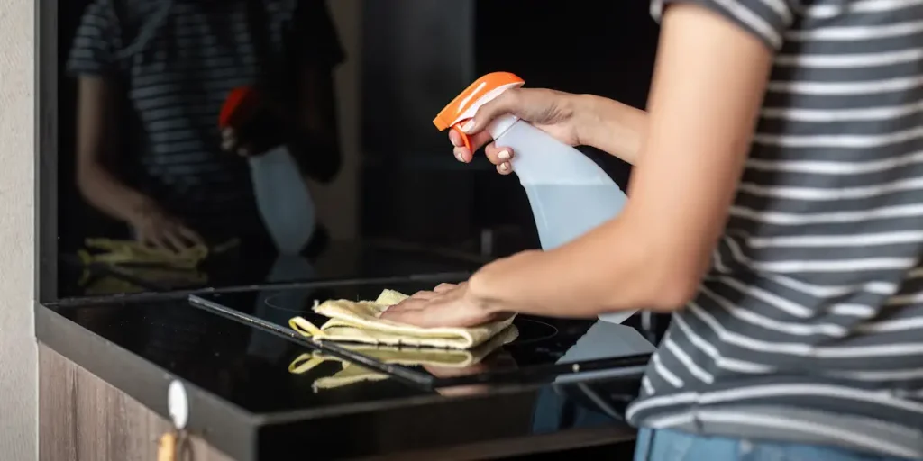 Un homme qui nettoie un plancha noir avec un spray et un chiffon