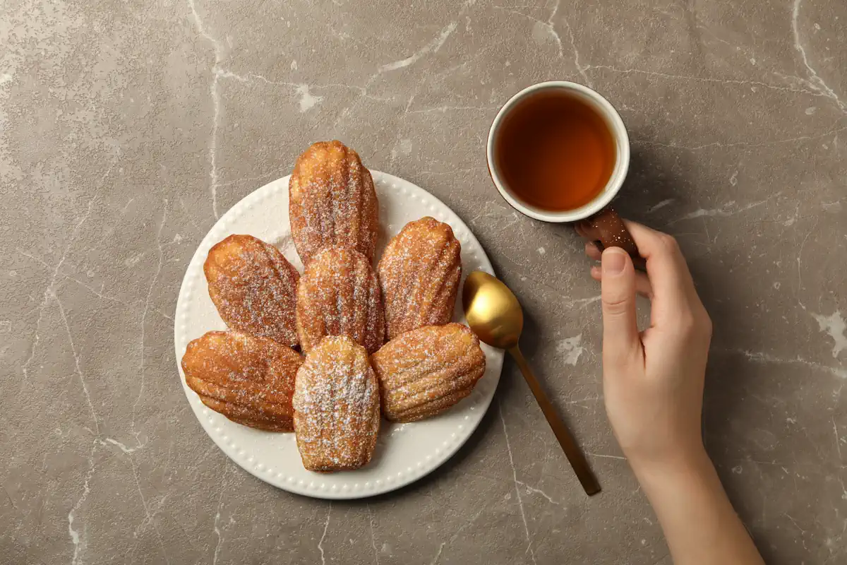 Une personne qui tient une tasse de thé à côté d'une assiette de madeleines