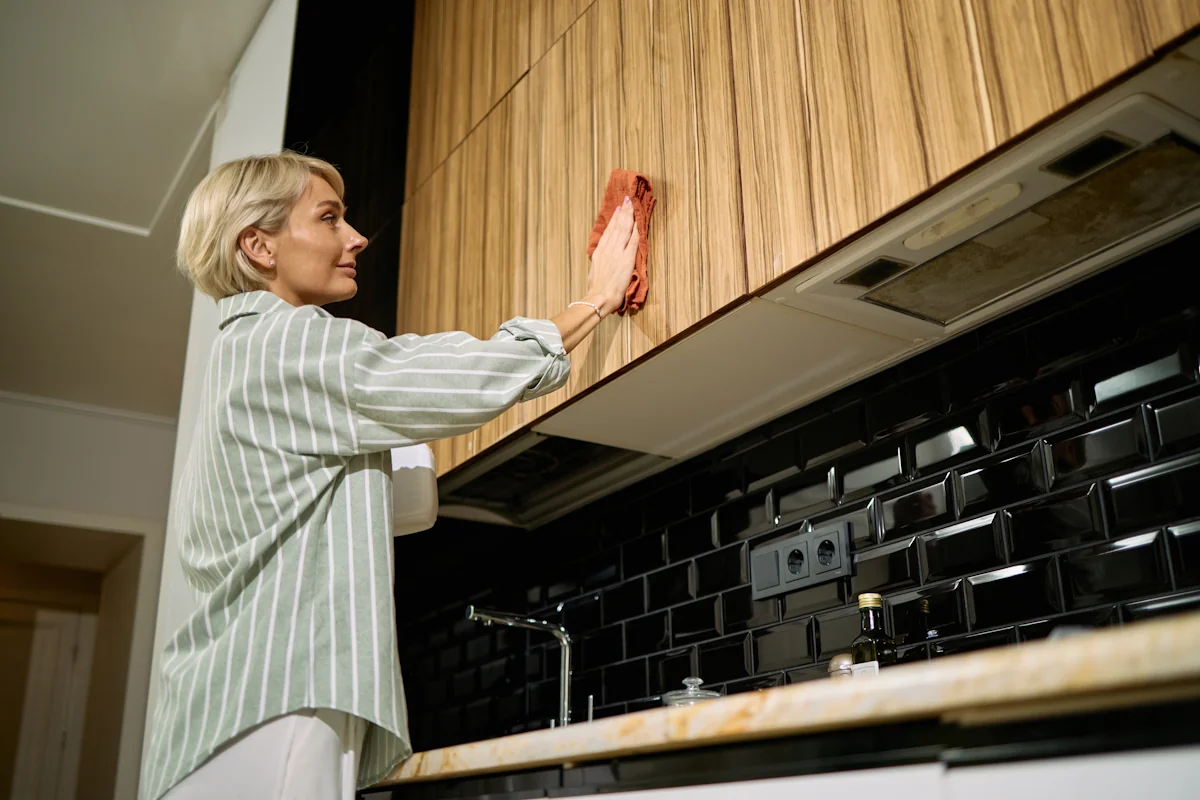 Une femme avec une chiffon micro fibre qui nettoie les façade de sa cuisine laquée