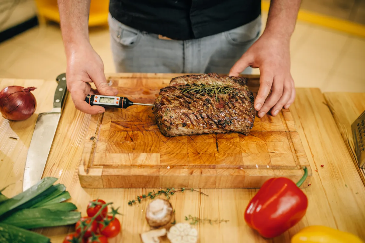 Une personne qui mesure la température interne d'une viande en repos après cuisson