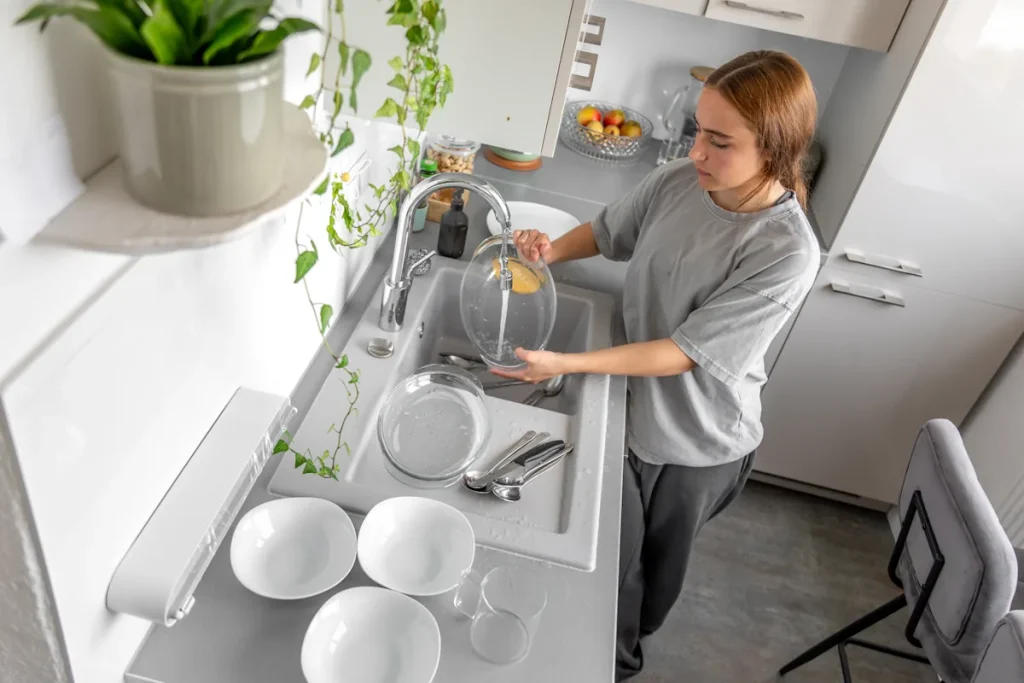 Une femme qui fait la vaisselle dans une petite cuisine