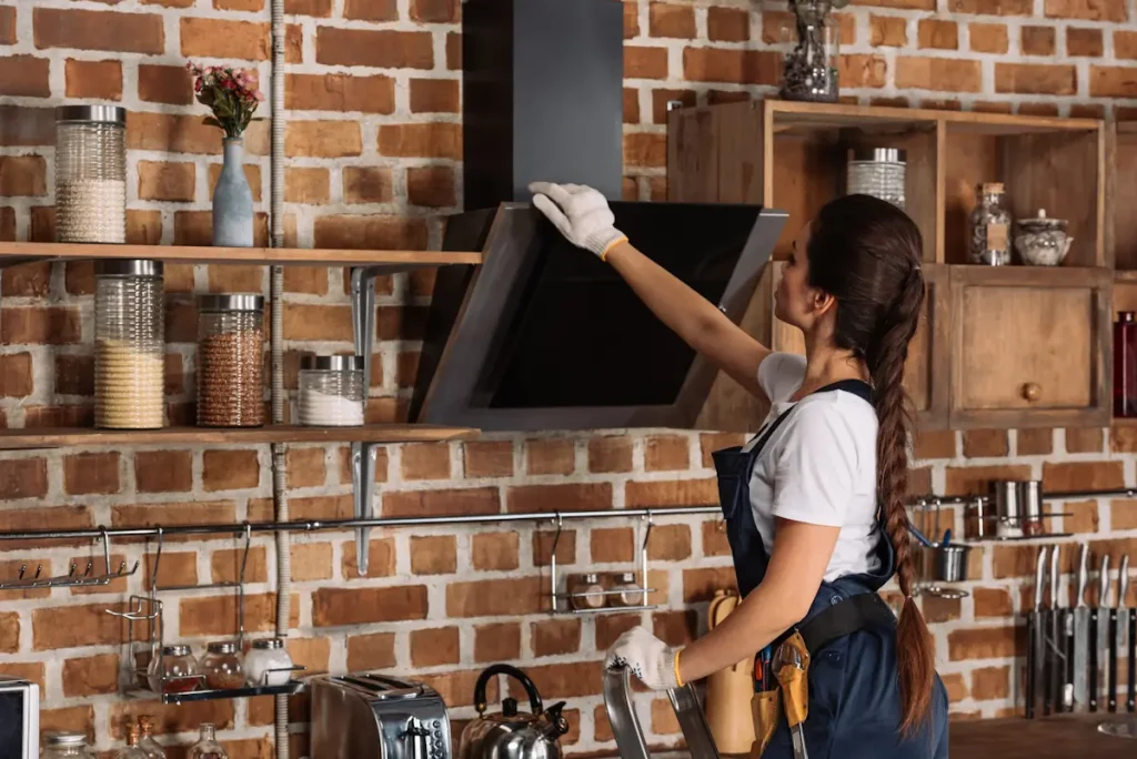 Une femme qui installe une hotte aspirante dans une cuisine