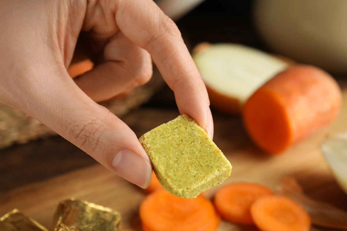 Une personne qui utilise des cubes de bouillon dans une recette