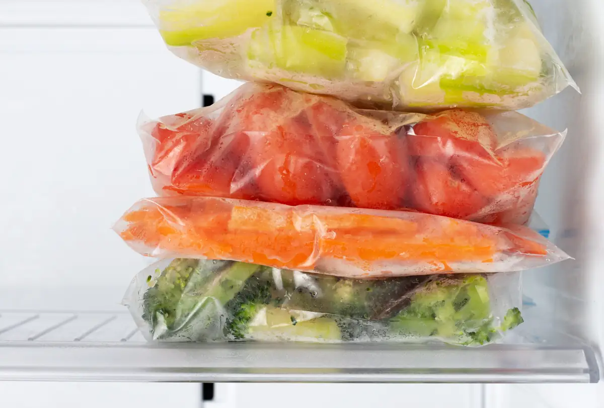 Des légumes cuits dans des sacs plastiques dans un réfrigérateur