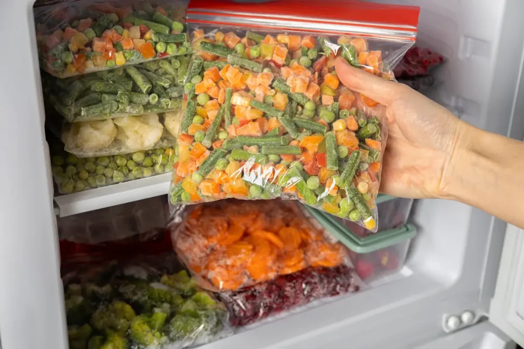 Une personne qui congèle des légumes dans un réfrigérateur